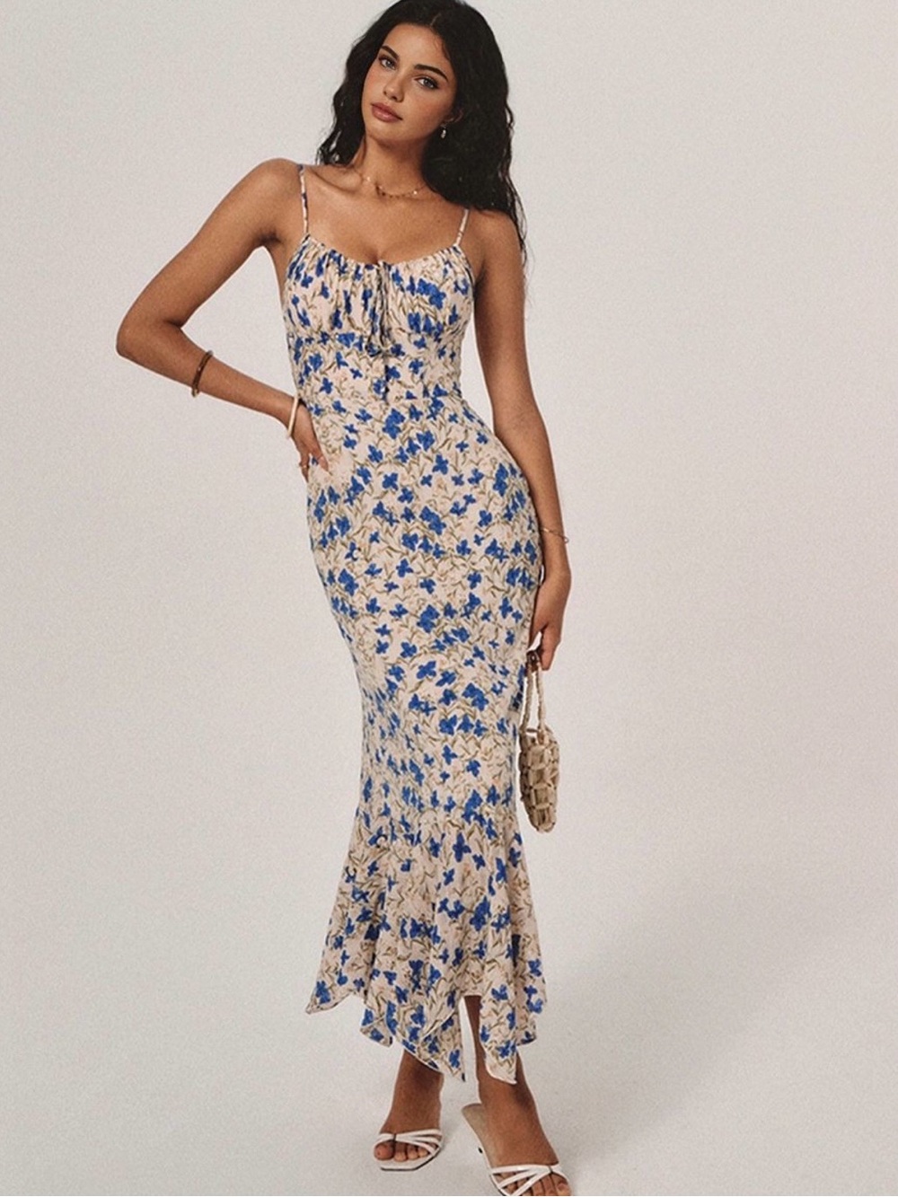 Commense Blue and Cream Floral Maxi Dress with Spaghetti Straps